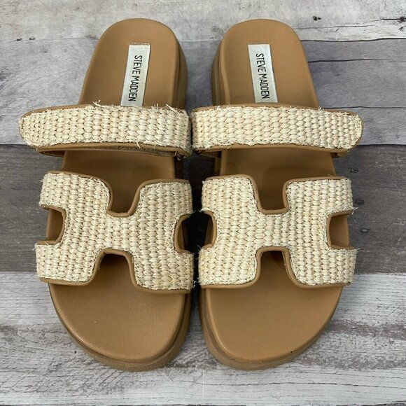 Steve Madden Mayven Natural Raffia Flatform Slide Sandals US 8 Summer Resort - Picture 2 of 11